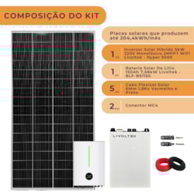 Segunda imagem do produto Kit Solar Híbrido 204,4kWh/mês 220V Bateria Lítio Livoltek
