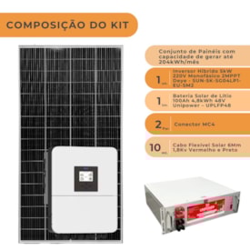 Segunda imagem do produto Kit Solar Híbrido 204kW/mês Deye 5kW 220V com Bateria de Lítio 100Ah