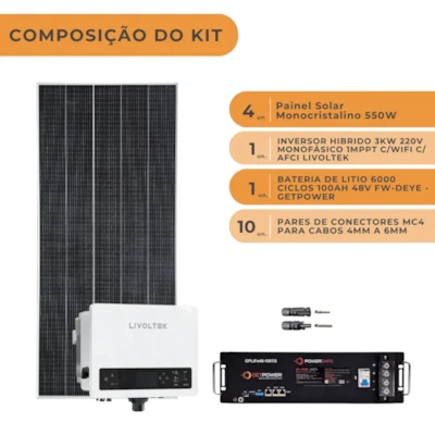 Segunda imagem do produto KIT SOLAR HÍBRIDO 264KWH/MÊS INVERSOR 3KW MONOFÁSICO 220V LIVOLTEK E BATERIA GETPOWER