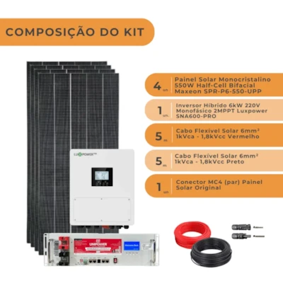 Segunda imagem do produto Kit Solar Híbrido 264kWh/Mês Inversor 6kW 220V LUXPOWER e Bateria UNIPOWER