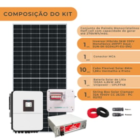 Segunda imagem do produto Kit Solar Híbrido 276kW/mês Deye 5kW String box Cabos MC4