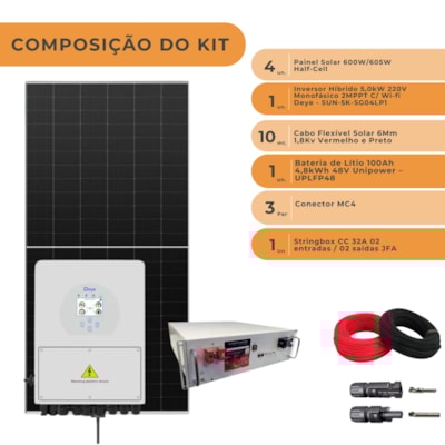 Segunda imagem do produto Kit Solar Híbrido 276kW/mês Deye 5kW String box Cabos MC4