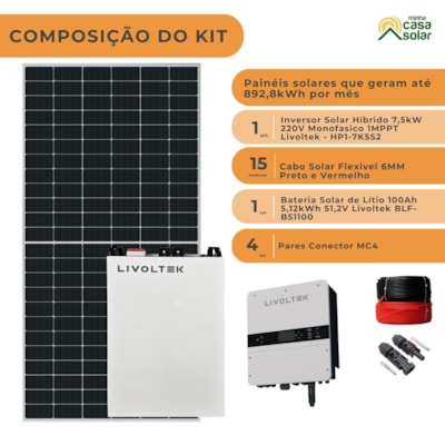Segunda imagem do produto Kit Solar Híbrido 280kW/Mês Inversor 7,5kW 220V com Bateria Lítio 100Ah