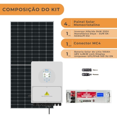 Segunda imagem do produto Kit Solar Hibrido 280kWh/mês Inversor 5kW 220V Deye com Bateria Lítio Unipower