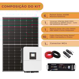 Segunda imagem do produto Kit Solar Híbrido 316kW/mês Deye 5kW 220V com Bateria Getpower 100Ah