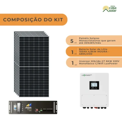 Segunda imagem do produto Kit Solar Híbrido 351kWh/Mês Inversor 6kW Monofásico 220V LuxPower + Bateria Moura