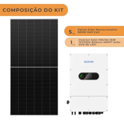 Segunda imagem do produto Kit Solar Híbrido 360kWh/Mês Inversor 5kW 127/220V Sofar