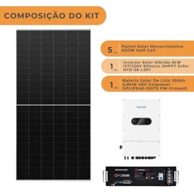 Segunda imagem do produto Kit Solar Híbrido 360kWh/Mês Inversor 5kW 127/220V Sofar e Bateria Getpower
