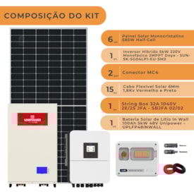 Segunda imagem do produto Kit Solar Híbrido 421kWh/mês Deye 5kW 220V Bateria Unipower In Wall
