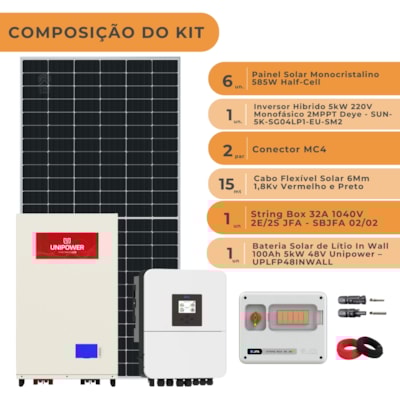 Segunda imagem do produto Kit Solar Híbrido 421kWh/mês Deye 5kW 220V Bateria Unipower In Wall