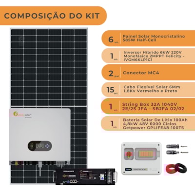 Segunda imagem do produto Kit Solar Híbrido 421kWh/mês Felicity 6kW 220V Bateria GetPower