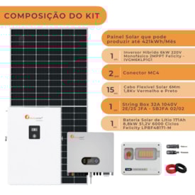 Segunda imagem do produto Kit Solar Híbrido 421kWh/Mês Felicity 6kW 220V Bateria Lítio