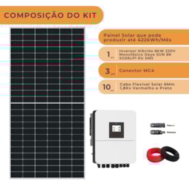 Segunda imagem do produto Kit Solar Híbrido 422kW/mês Monocristalino Deye 8kW 220V