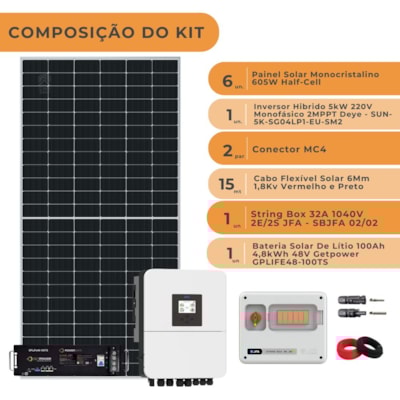 Segunda imagem do produto Kit Solar Híbrido 435kWh/mês Deye 5kW 220V Bateria GetPower