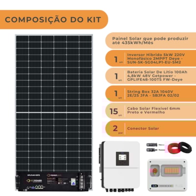 Segunda imagem do produto Kit Solar Híbrido 435kWh/mês Deye 5kW 220V Bateria GetPower