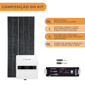 Segunda imagem do produto Kit Solar Híbrido 528kWh/Mês Inversor 7,5kW Monofásico 220V Livoltek e Bateria Getpower