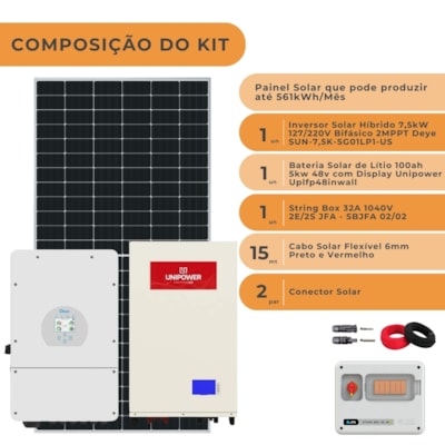 Segunda imagem do produto Kit Solar Híbrido 561kWh/mês Deye 7,5kW 220V Bateria Unipower InWall