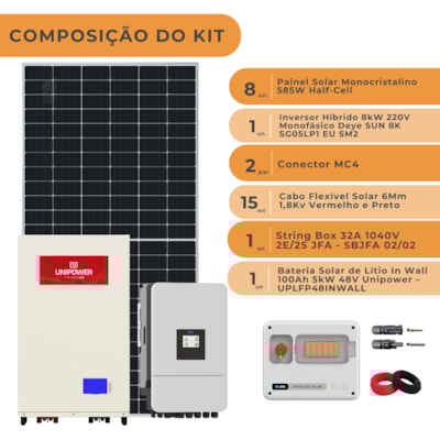 Segunda imagem do produto Kit Solar Híbrido 561kWh/mês Deye 8kW 220V Bateria Unipower InWall