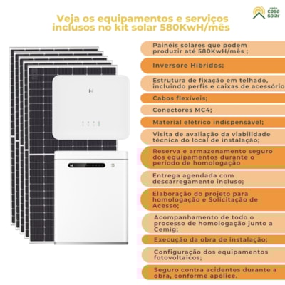 Segunda imagem do produto Kit Solar Híbrido 580KwH/mês com Bateria de Lítio e Instalação - BH e Região