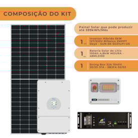 Segunda imagem do produto Kit Solar Híbrido 599kW/mês Deye 5kW 127V com Bateria Lítio Moura 100Ah