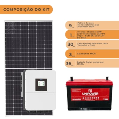Segunda imagem do produto Kit Solar Híbrido 599kW/mês Inversor Deye 5kW 220V e Bateria de Chumbo Unipower