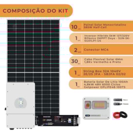 Segunda imagem do produto Kit Solar Híbrido 702kWh/mês Deye 5kW 220V Bateria GetPower