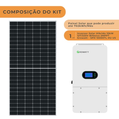 Segunda imagem do produto Kit Solar Híbrido 702kWh/Mês Growatt 10kW 127/220V