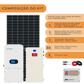 Segunda imagem do produto Kit Solar Híbrido 702kWh/Mês Growatt 10kW 127/220V Bateria Unipower InWall
                                            
