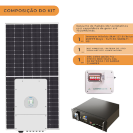Segunda imagem do produto Kit Solar Híbrido 730kW/mês Deye 5kW 127V com Bateria Lítio Moura 100Ah