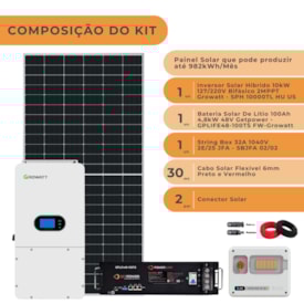 Segunda imagem do produto Kit Solar Híbrido 982kWh/Mês Growatt 10kW 127/220V Bateria Getpower