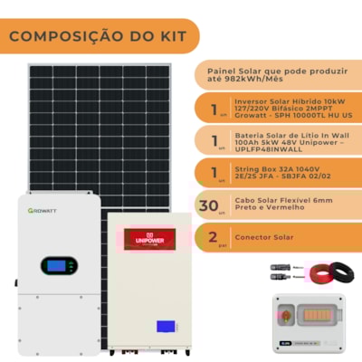 Segunda imagem do produto Kit Solar Híbrido 982kWh/Mês Growatt 10kW 127/220V Bateria Unipower InWall