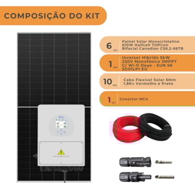 Segunda imagem do produto Kit Solar Híbrido Canadian 439kW/mês Deye 5kW 220V