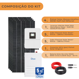 Segunda imagem do produto Kit Solar Híbrido com Bateria Deye+ Inversor Híbrido 3kW Deye+ 4 Painéis de 550W