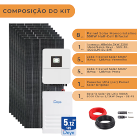 Segunda imagem do produto Kit Solar Híbrido com Bateria Deye+ Inversor Híbrido 3kW Deye+ 8 Painéis de 550W