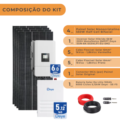 Segunda imagem do produto Kit Solar Híbrido com Bateria Deye+ Inversor Híbrido 6kW Deye+ 4 Painéis de 550W