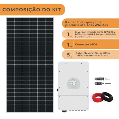 Segunda imagem do produto Kit Solar Híbrido Monocristalino 432kW/mês Deye 5kW 127V