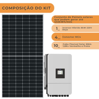 Segunda imagem do produto Kit Solar Híbrido Monocristalino 432kW/mês Deye 8kW 220V