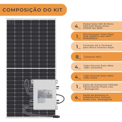 Segunda imagem do produto Kit Solar Honor 231kwh/mês Microinversor Deye 220V Telhado Fibrocimento