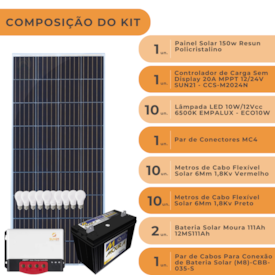 Segunda imagem do produto Kit Solar Iluminação 150W/160W 10 Lâmpadas com Bateria 12v