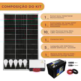 Segunda imagem do produto Kit Solar Iluminação 150W/160W 5 Lâmpadas com Bateria 12v