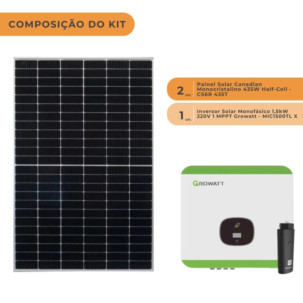 Kit Solar Monocristalino 104kWh/mês Canadian Inversor Growatt 220V