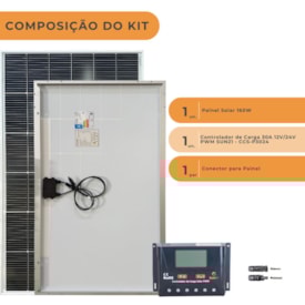 Segunda imagem do produto Kit Solar Monocristalino 160W com Controlador de Carga 30A 12V/24V
