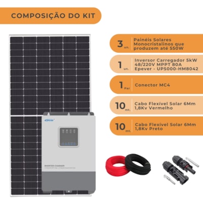 Segunda imagem do produto Kit Solar Monocristalino 199kWh/mês Inversor Carregador Epever 48V/220V