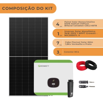 Segunda imagem do produto Kit Solar Monocristalino 292kWh/mês com Inversor Growatt 3kW 220V