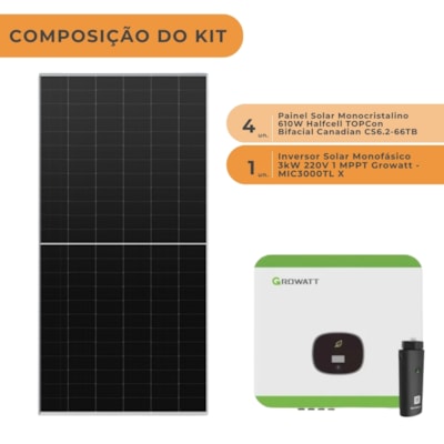 Segunda imagem do produto Kit Solar Monocristalino 300kWh/mês Inversor Growatt 3kW 220V