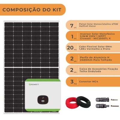 Segunda imagem do produto Kit Solar Monocristalino 399kW/mês Inversor Growatt 220V