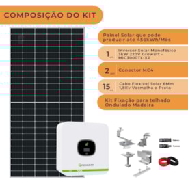 Segunda imagem do produto Kit Solar Monocristalino 456kW/mês Inversor Growatt 3kW 220V