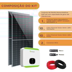 Segunda imagem do produto Kit Solar Monocristalino 555W ou 133kWh/mês Growatt 2500W 220V