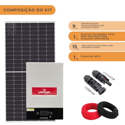 Segunda imagem do produto Kit Solar Monocristalino 599kWh/mês Canadian Inversor Unipower 5kW 48V/220V