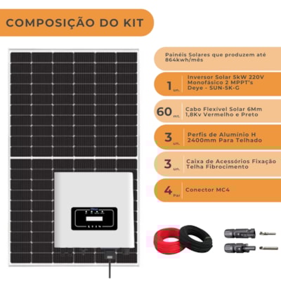 Segunda imagem do produto Kit Solar Monocristalino 864W/mês Inversor Deye 5kW 220V